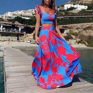 Two piece matching skirt set tropical floral bright colorful sexy